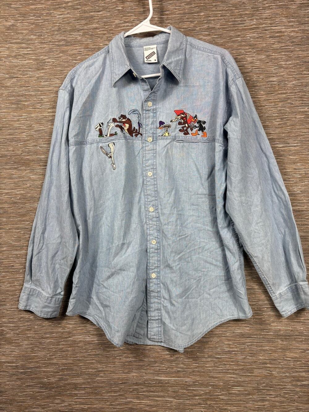 Warner Bros Studio Store Shirt Mens Medium Blue Looney Tunes Embroidered Vintage